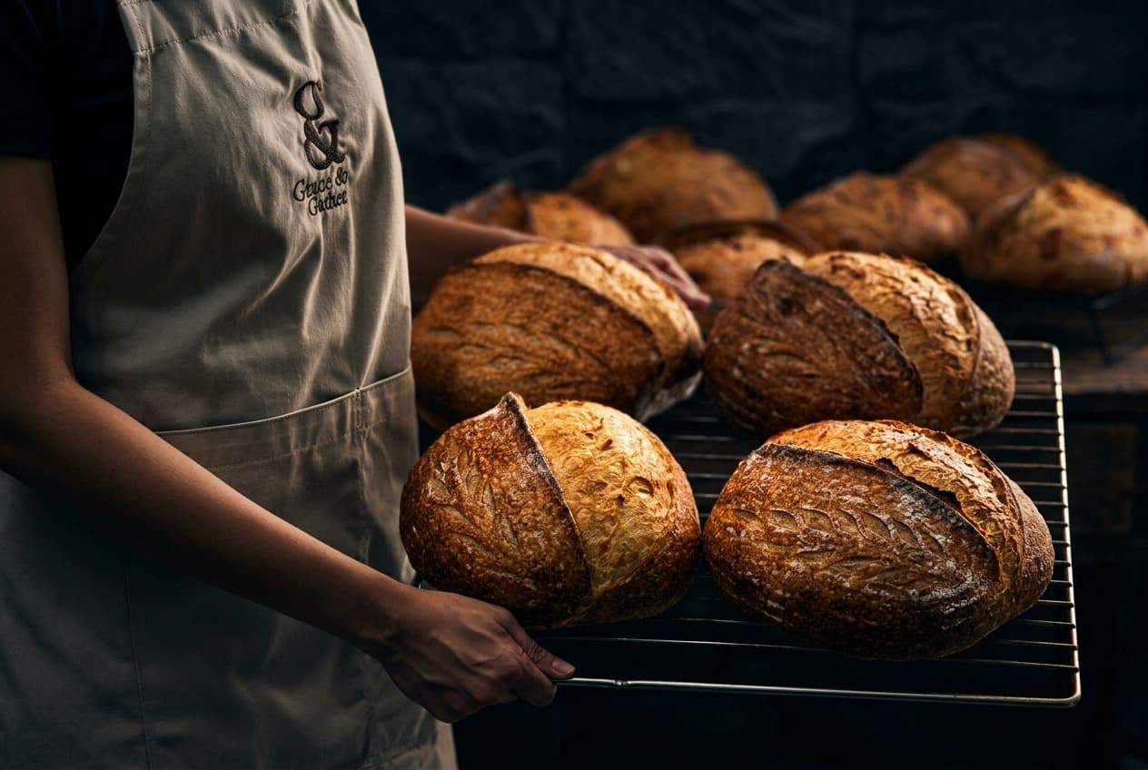 Artisan baker with freshly baked sourdough boules with golden rim lighting in dark bakery setting