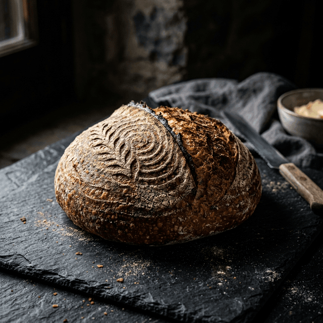 A whole classic sourdough loaf on a dark surface
